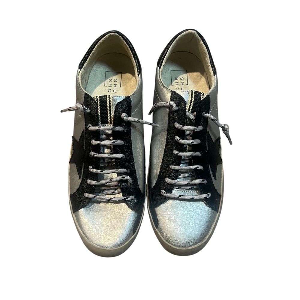 SHU SHO Womens 8.5 Perry Silver Black Star Sneakers Shoes Lace Up